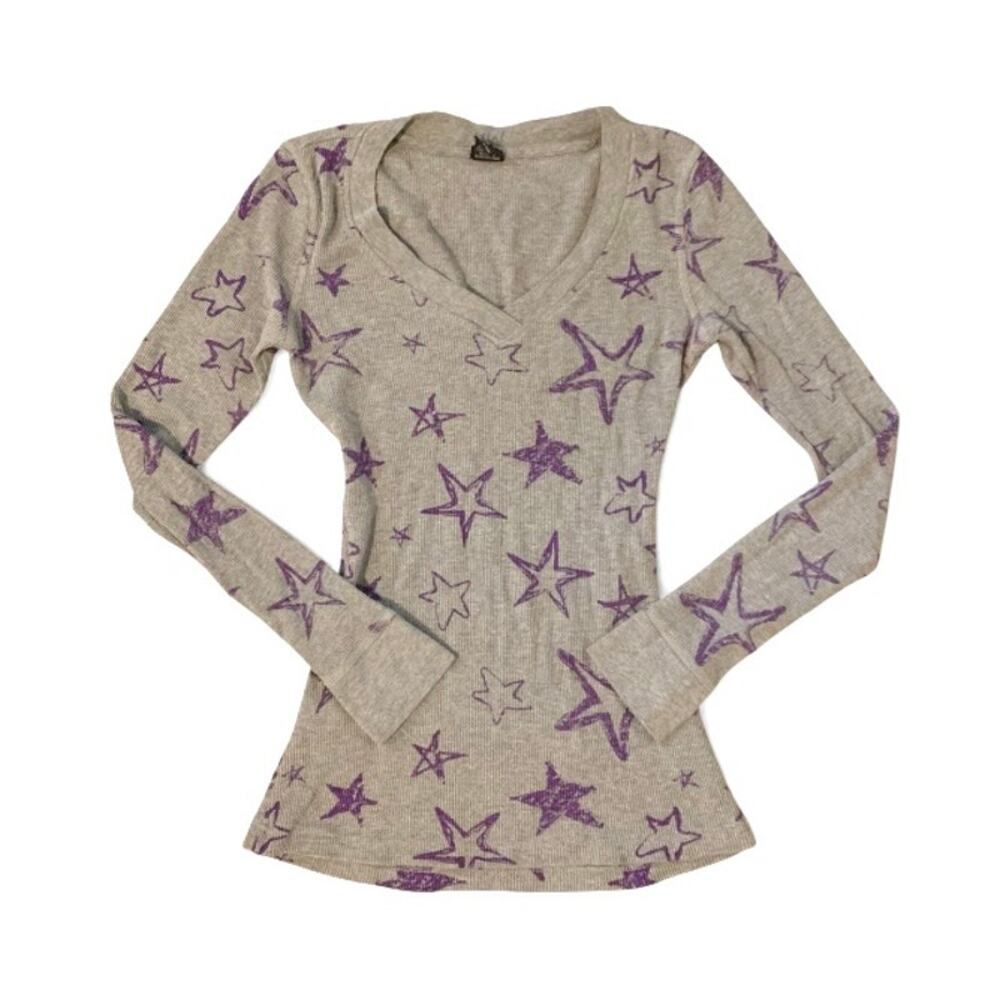 Vintage Y2K Vanity Gray Waffle Knit Purple Star Long Sleevem